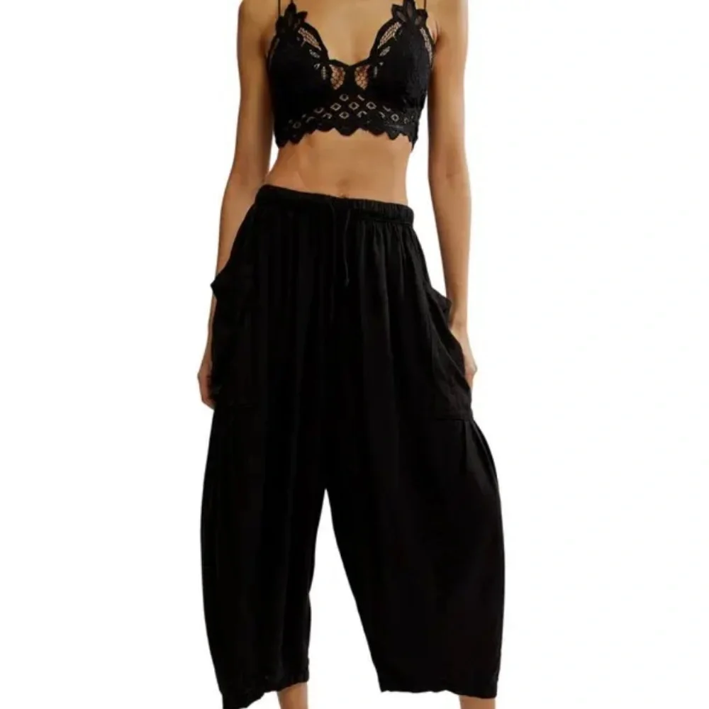 FREE‎ PEOPLE BOHO QUINN BLACK VISCOSE/LINEN BLEND PANTS BOHEMIAN RESORT-WEAR EUC - Picture 2 of 13
